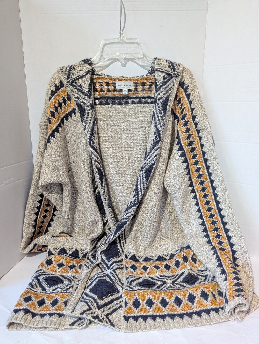 Lucky Brand Cream, Navy & Mustard Southwestern Open Front Cardigan - Med